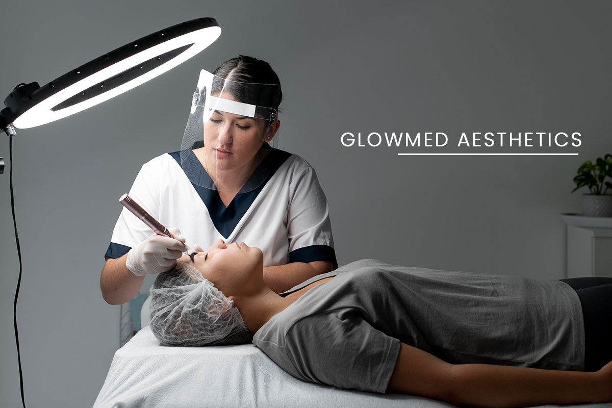 387 Beautiful Esthetician Business Names 7 An aesthetician providing a brow treatment to a patient next to the name GlowMed Aesthetics.