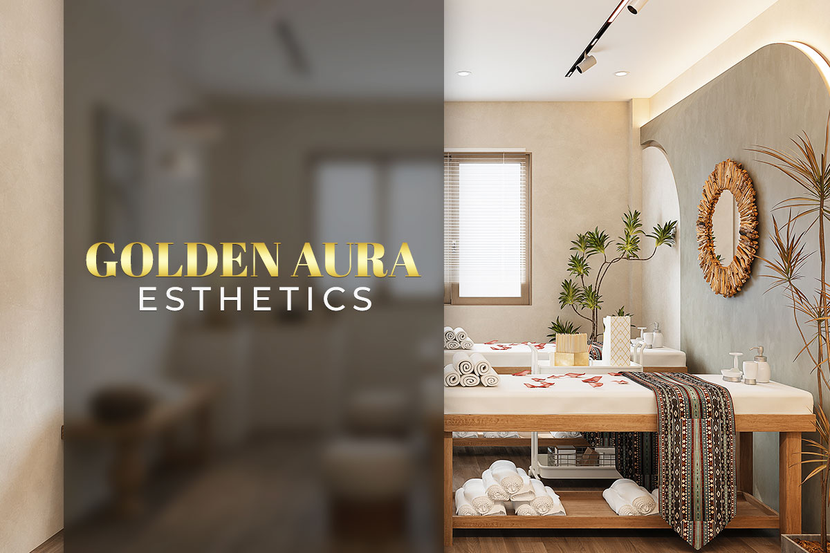 387 Beautiful Esthetician Business Names 4 Interior view of an esthetician studio and a banner with the business name Golden Aura Esthetics.