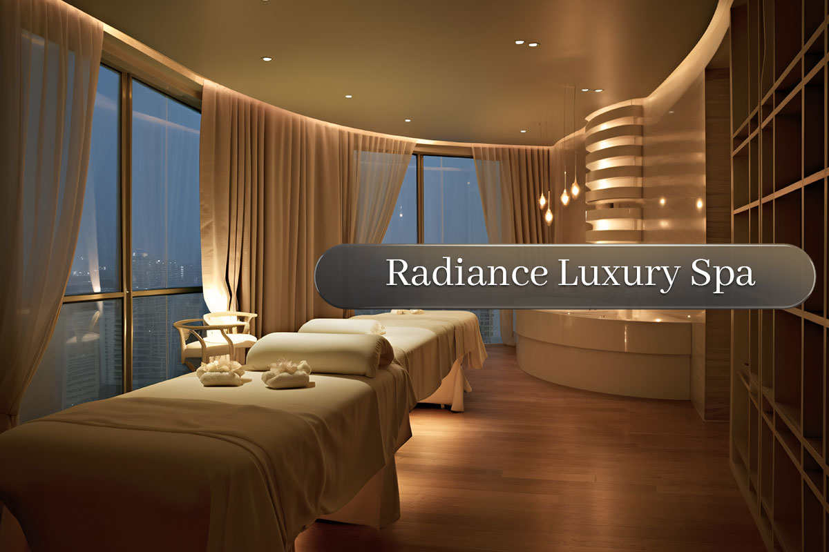 387 Beautiful Esthetician Business Names 5 A luxury spa in a skyscraper with city views and a floating bubble that says Radiance Luxury Spa.