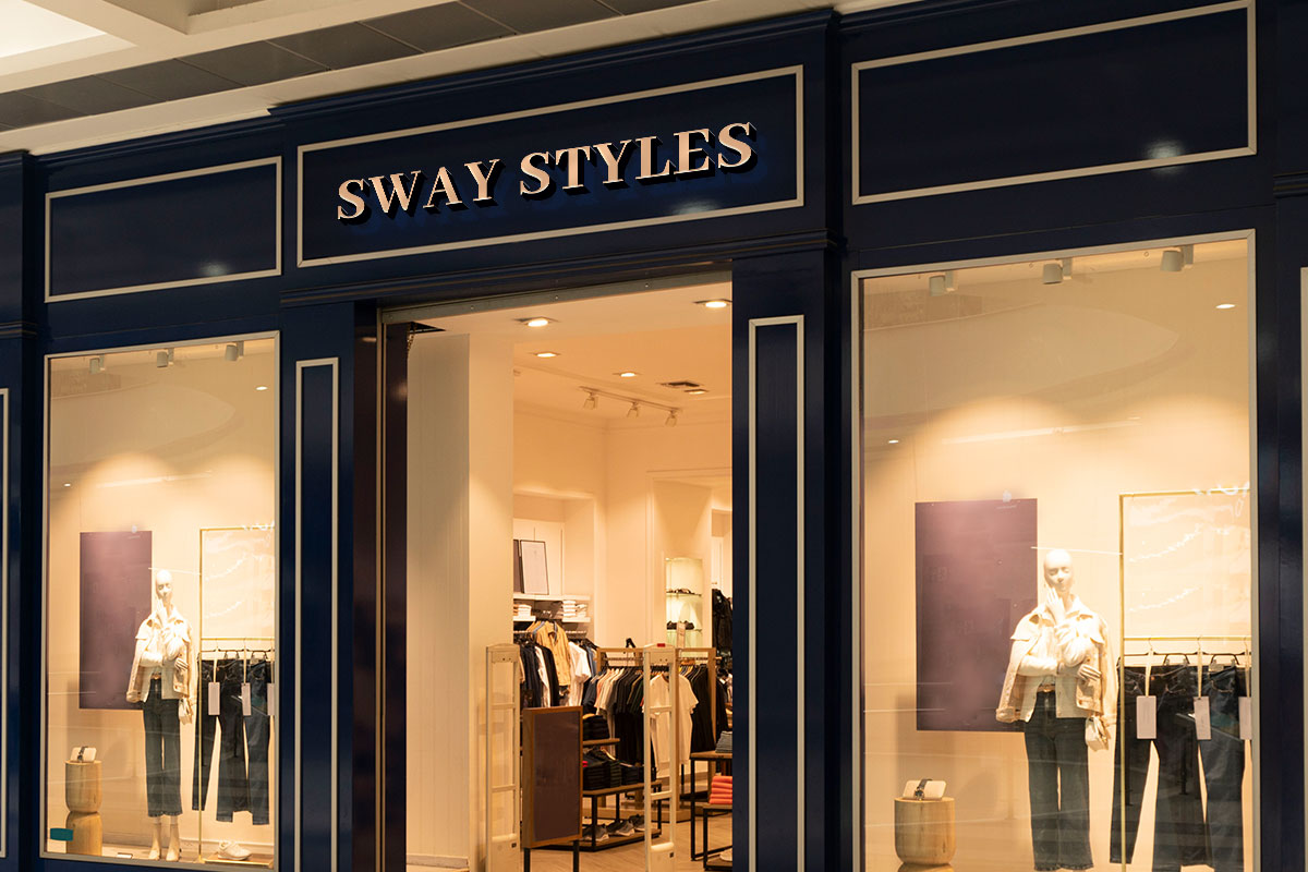 590 Clothing Brand Names 8 Exterior view of a store named Sway Styles that has mannequins and jeans in the front windows.