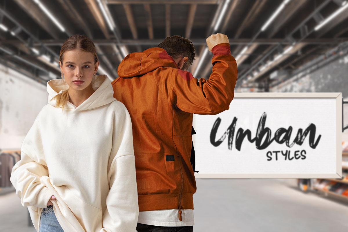 590 Clothing Brand Names 4 A man and a woman in hoodies standing next to a sign that says Urban Styles.