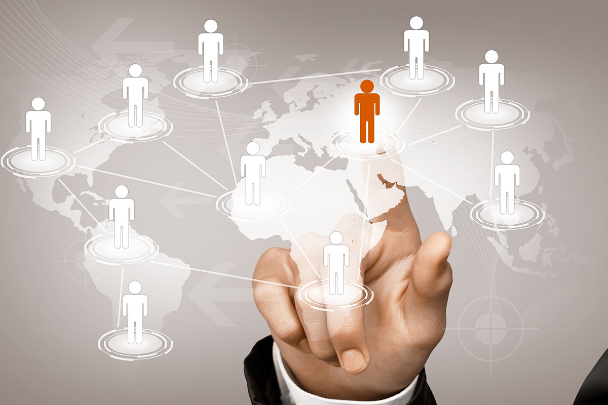 A global map showing an interconnected network of people.