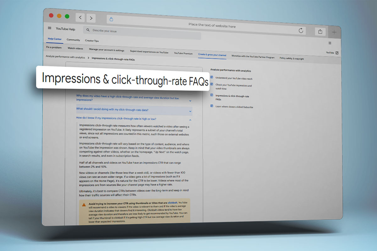 YouTube Automation 101 11 A screen showing the YouTube Help page for impressions and click-through rate.