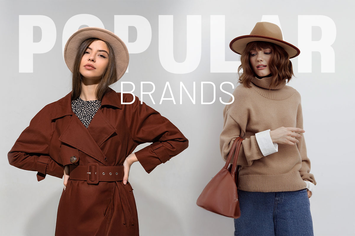 Two women in fashionable clothing and accessories underneath text that says popular brands.