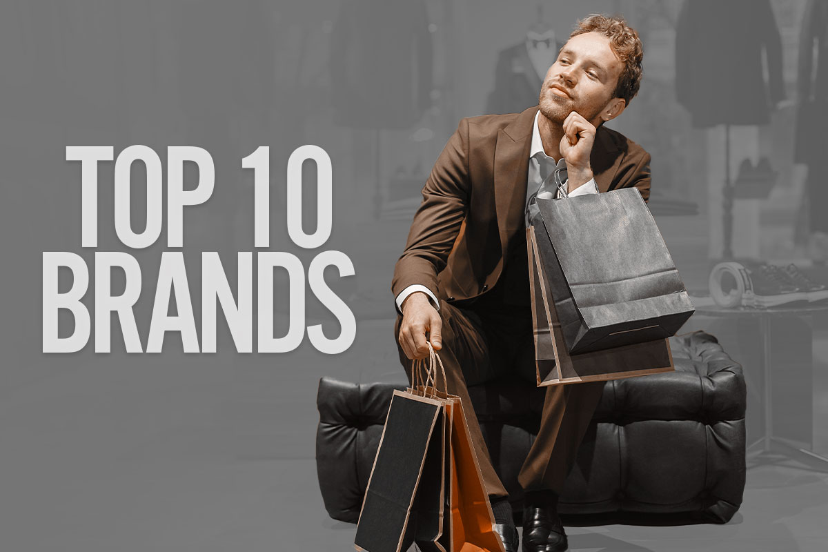 A man in fashionable clothing holding multiple shopping bags next to the text top 10 brands.