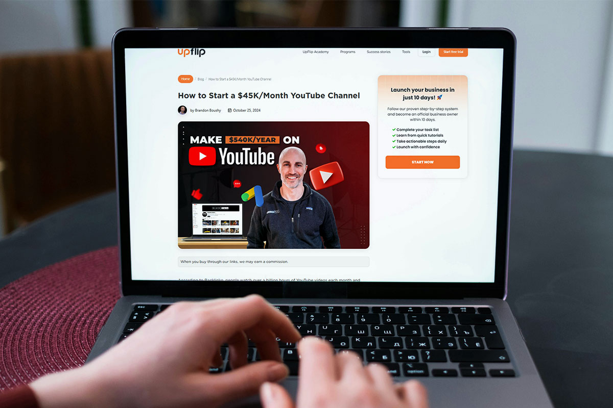 YouTube Automation 101 7 A laptop user reading an UpFlip blog article about how to start a YouTube channel.