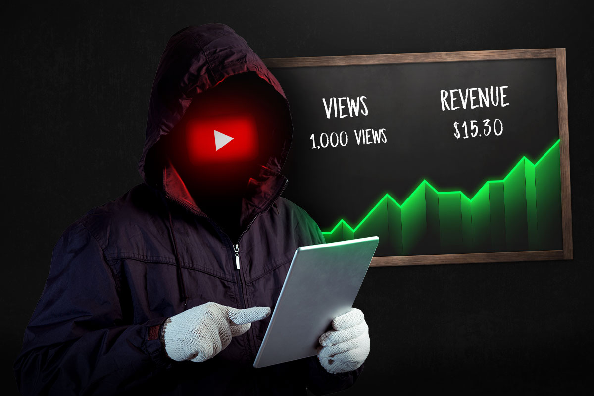 YouTube Automation 101 12 A hooded figure with the YouTube logo over its face standing next to a chalkboard showing views and revenue data.